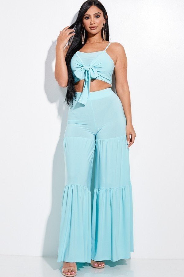 Our Best 96% Polyester 4% Spandex Solid Tie Front Spaghetti Strap Tank Top And Tiered Wide Leg Pants Two Piece Set (Mint)