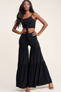 Our Best 96% Polyester 4% Spandex Solid Tie Front Spaghetti Strap Tank Top And Tiered Wide Leg Pants Two Piece Set (Black)