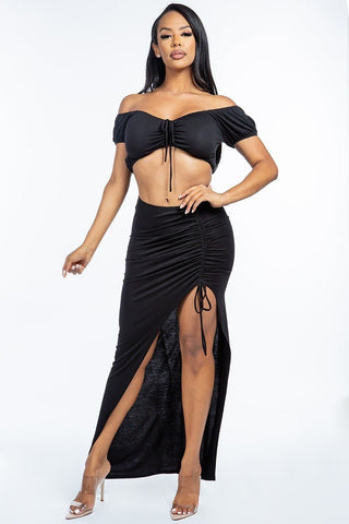 Our Best 96% Rayon 4% Spandex Solid Ruched Front Off The Shoulder Short Sleeve Cropped Top And Side Ruched Asymmetrical Skirt Two Piece Set (Black)