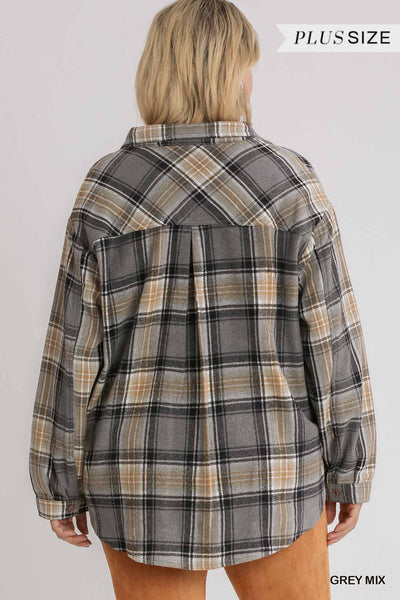 Plus Size Lovely Ladies 100% Polyester Plaid Collar Button Down Overshirt With Front Pockets (Grey Mix)