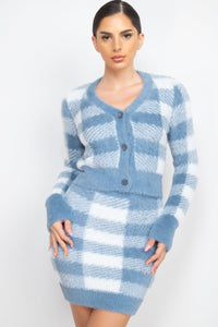 Come Plaid With Me 100% Nylon Button-Front Cropped Sweater Cardigan - Pair With Come Plaid With Me 100% Nylon High-Rise Fuzzy Mini Skirt (Denim)