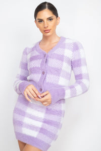 Come Plaid With Me 100% Nylon Button-Front Cropped Sweater Cardigan - Pair With Come Plaid With Me 100% Nylon High-Rise Fuzzy Mini Skirt (Dusty Lavender)