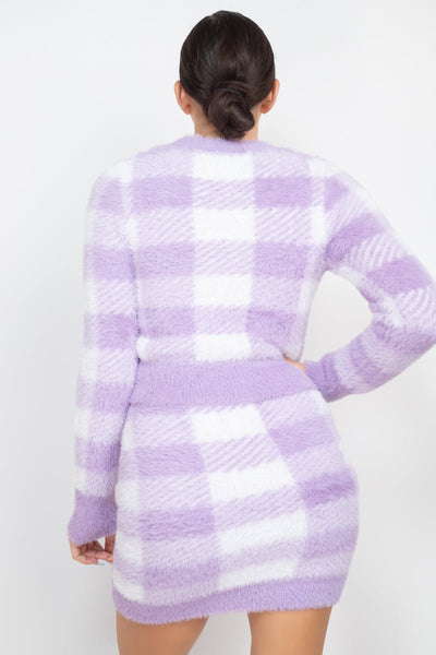 Come Plaid With Me 100% Nylon Button-Front Cropped Sweater Cardigan - Pair With Come Plaid With Me 100% Nylon High-Rise Fuzzy Mini Skirt (Dusty Lavender)