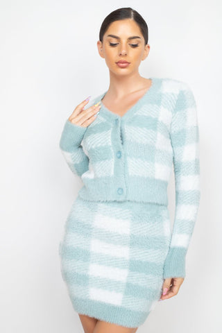 Come Plaid With Me 100% Nylon Button-Front Cropped Sweater Cardigan - Pair With Come Plaid With Me 100% Nylon High-Rise Fuzzy Mini Skirt (Mint Sage)