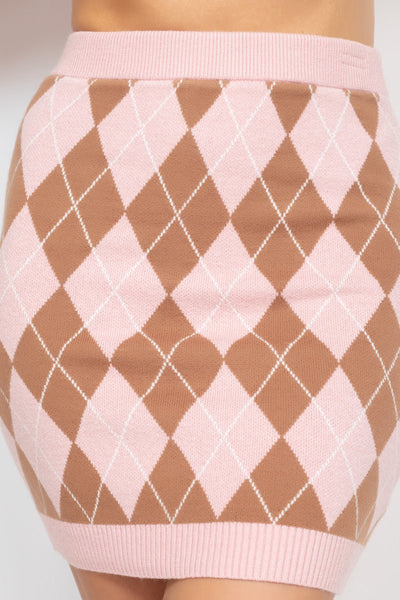 Queen Of Diamonds Polyester Blend High-Rise Mini Skirt Bottom - Pair With Queen Of Diamonds Polyester Blend Long Sleeve Cardigan Top (Pink/Mocha)