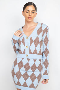 Queen Of Diamonds Polyester Blend Button-Front Long Sleeve Cardigan Top - Pair With Queen Of Diamonds Polyester Blend Mini Skirt Bottom (Blue/Coffee)