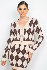 Queen Of Diamonds Polyester Blend Button-Front Long Sleeve Cardigan Top - Pair With Queen Of Diamonds Polyester Blend Mini Skirt Bottom (Cream/Choco)