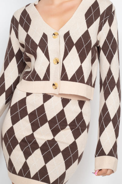 Queen Of Diamonds Polyester Blend Button-Front Long Sleeve Cardigan Top - Pair With Queen Of Diamonds Polyester Blend Mini Skirt Bottom (Cream/Choco)