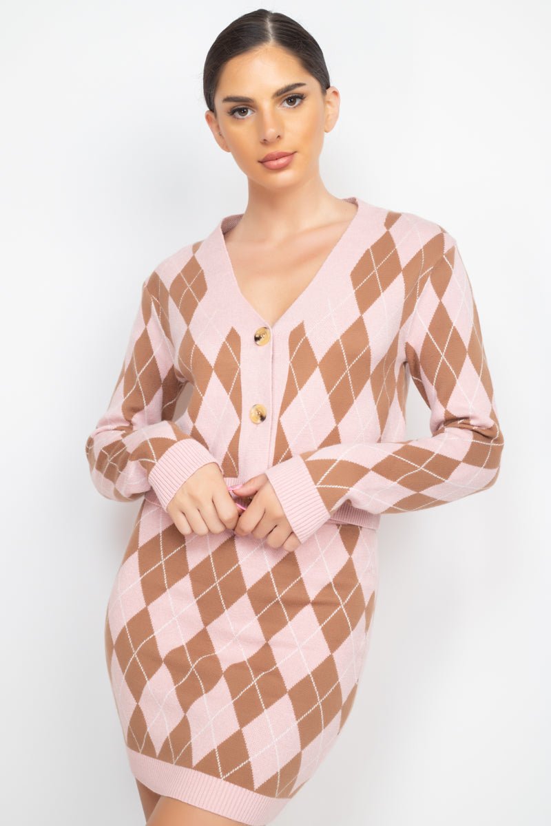 Queen Of Diamonds Polyester Blend Button-Front Long Sleeve Cardigan Top - Pair With Queen Of Diamonds Polyester Blend Mini Skirt Bottom (Pink/Mocha)