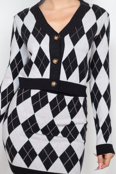 Queen Of Diamonds Polyester Blend Button-Front Long Sleeve Cardigan Top - Pair With Queen Of Diamonds Polyester Blend Mini Skirt Bottom (Black/White/Pink)