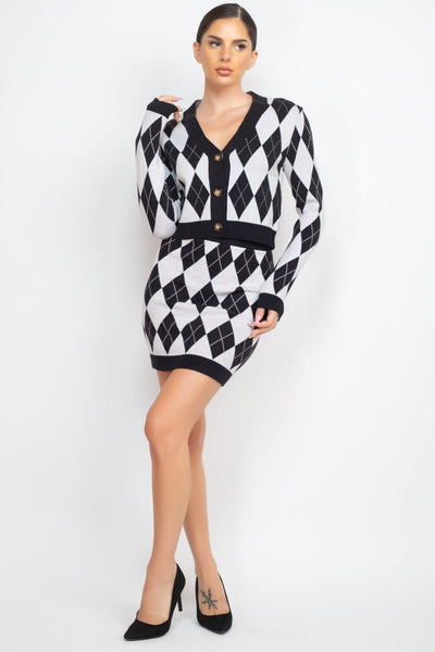 Queen Of Diamonds Polyester Blend Button-Front Long Sleeve Cardigan Top - Pair With Queen Of Diamonds Polyester Blend Mini Skirt Bottom (Black/White/Pink)