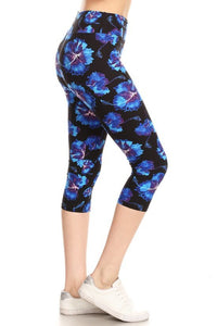 Yoga Style Banded Lined Floral Printed Knit Capri Legging With High Waist