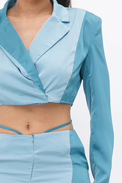 Our Best 97% Polyester 3% Spandex Colorblock Crop Pockets Detail Blazer With Matching Low Rise Wide Leg Pant Set (Blue)
