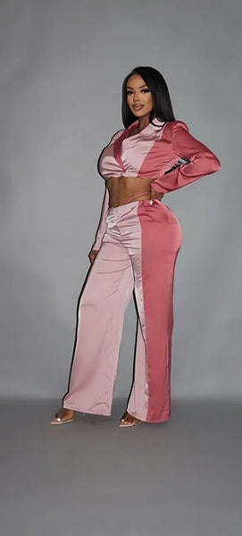 Our Best 97% Polyester 3% Spandex Colorblock Pocket  Detail Crop Blazer With Matching Low Rise Wide Flare Leg Pant Set (Blush)