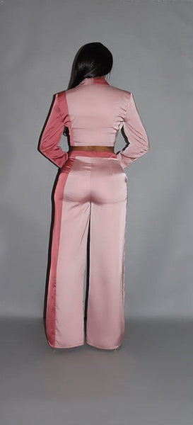 Our Best 97% Polyester 3% Spandex Colorblock Pocket  Detail Crop Blazer With Matching Low Rise Wide Flare Leg Pant Set (Blush)