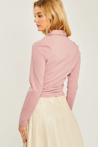 Our Best Woven Solid Color 65% Rayon 35% Nylon 5% Spandex Ruched Front Long Sleeve Top (Mauve)