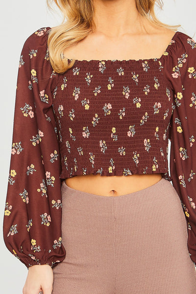 Our Best 100% Polyester Woven Print Smocked Long Sleeve Top (Bordeaux)