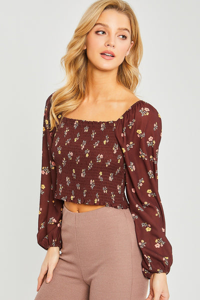 Our Best 100% Polyester Woven Print Smocked Long Sleeve Top (Bordeaux)