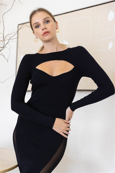Doreen Maxine 70% Rayon 30% Nylon Cutout Bust Mesh Side Detail Long Sleeve Cocktail Party Maxi Dress (Black)