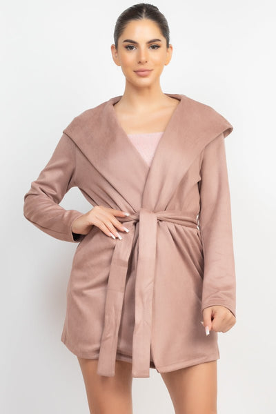 Our Best 96% Polyester 4% Spandex Suede Hooded Waist-Tie Belt Solid Color Jacket (Dusty Mauve)