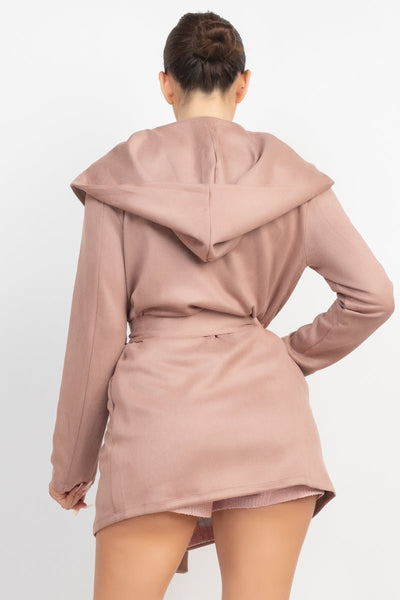 Our Best 96% Polyester 4% Spandex Suede Hooded Waist-Tie Belt Solid Color Jacket (Dusty Mauve)