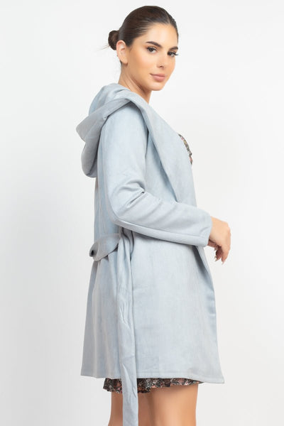 Our Best 96% Polyester 4% Spandex Suede Hooded Waist-Tie Belt Solid Color Jacket (Ice Blue)