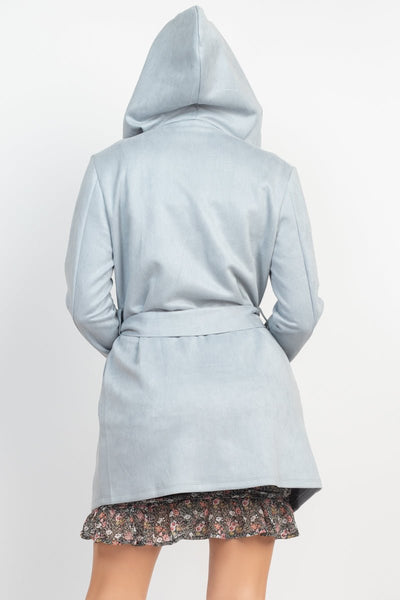 Our Best 96% Polyester 4% Spandex Suede Hooded Waist-Tie Belt Solid Color Jacket (Ice Blue)