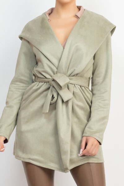 Our Best 96% Polyester 4% Spandex Suede Hooded Waist-Tie Belt Solid Color Jacket (Ice Sage)