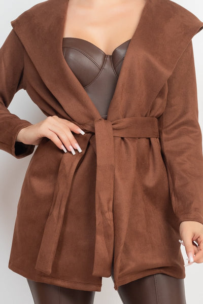 Our Best 96% Polyester 4% Spandex Suede Hooded Waist-Tie Belt Solid Color Jacket (Brown)