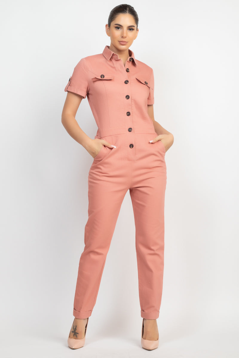 The Morinna Corrina 80% Polyester 20% Cotton Fashion Plus Short Sleeve Collared Button-Front Straight Leg Jumpsuit (Mauve)