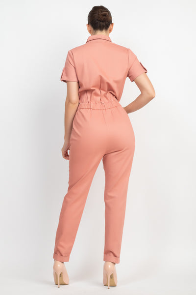 The Morinna Corrina 80% Polyester 20% Cotton Fashion Plus Short Sleeve Collared Button-Front Straight Leg Jumpsuit (Mauve)