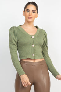 Our Best 95% Polyester 5% Spandex Geometric Cami Puff Sleeves Brass Button Detail Blazer Top Two Piece Set (Light Olive)