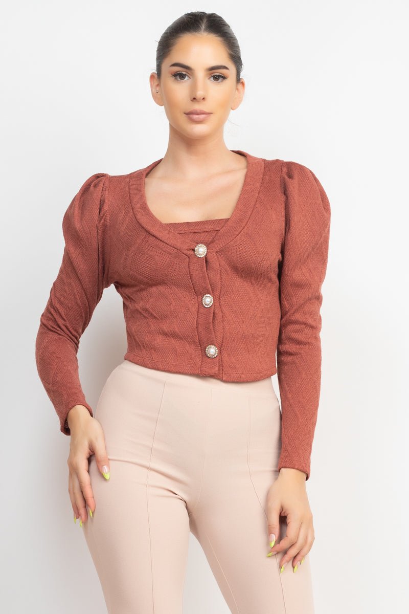 Our Best 95% Polyester 5% Spandex Geometric Cami Puff Sleeves Brass Button Detail Blazer Top Two Piece Set (Smokey Mauve)