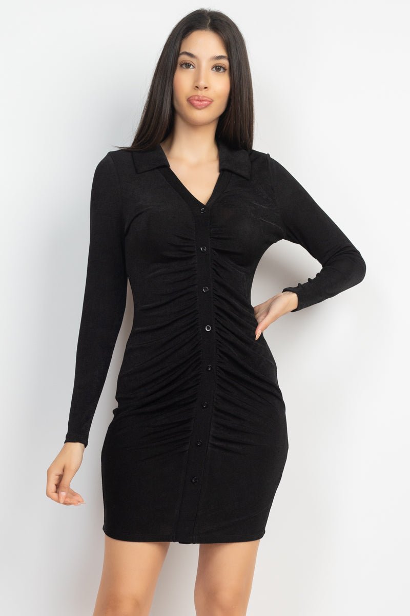 Hot Lil Number Polyester/Spandex V-neck Long Sleeve Collared Button-down Ruched Front Detail Mini Dress (Black)