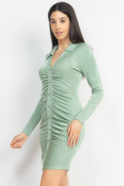 Tenille Camille 94% Polyester 6% Spandex Collared Button-Down Ruched Detail Bodycon Mini Shirt Dress (Sage)