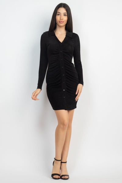 Hot Lil Number Polyester/Spandex V-neck Long Sleeve Collared Button-down Ruched Front Detail Mini Dress (Black)
