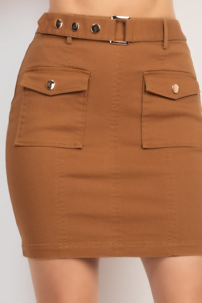 Barbie Barbaranne 98% Cotton 2% Spandex Belted Pocket Detail Solid Color Mini Skirt (Camel)
