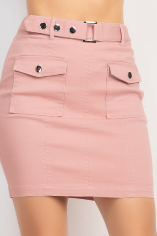 Barbie Barbaranne 98% Cotton 2% Spandex Belted Pocket Solid Color Mini Skirt (Dusty Blush)
