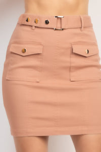Barbie Barbaranne 98% Cotton 2% Spandex Belted Pocket Solid Color Mini Skirt (Light Caramel)