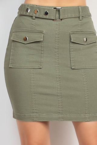 Barbie Barbaranne 98% Cotton 2% Spandex Belted Pocket Solid Color Mini Skirt (Light Olive)