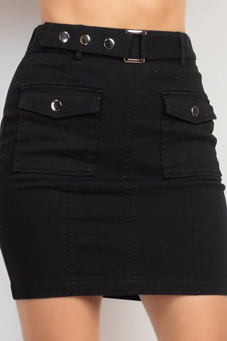 Barbie Barbaranne 98% Cotton 2% Spandex Belted Pocket Detail Solid Color Mini Skirt (Black)
