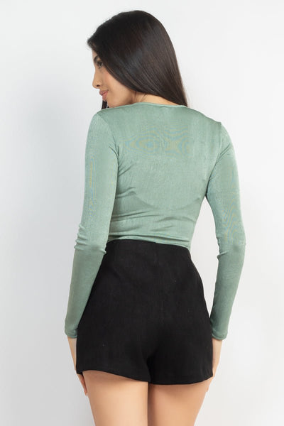 Our Best Twisted Velvety 94% Polyester 5% Spandex Long Sleeve Square Neckline Crop Top (Light Green)