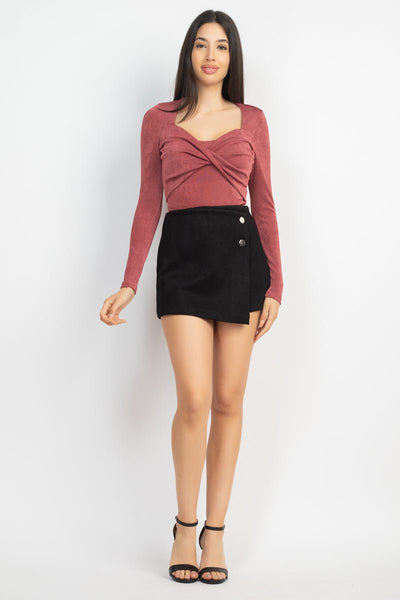 Our Best Twisted Velvety 94% Polyester 5% Spandex Long Sleeve Square Neckline Crop Top (Rust)