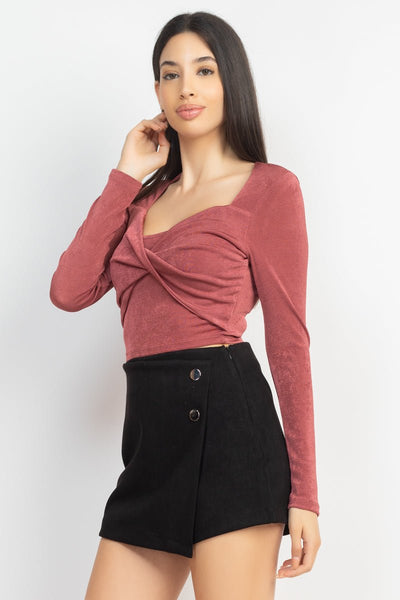 Our Best Twisted Velvety 94% Polyester 5% Spandex Long Sleeve Square Neckline Crop Top (Rust)