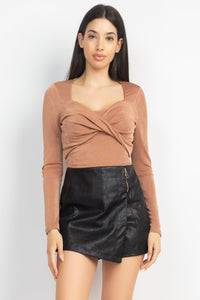 Our Best Twisted Velvety 94% Polyester 5% Spandex Long Sleeve Square Neckline Crop Top (Tan)