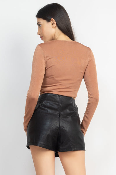 Our Best Twisted Velvety 94% Polyester 5% Spandex Long Sleeve Square Neckline Crop Top (Tan)