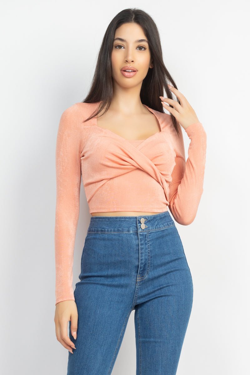Our Best Twisted Velvety 94% Polyester 5% Spandex Long Sleeve Square Neckline Crop Top (Tangerine)