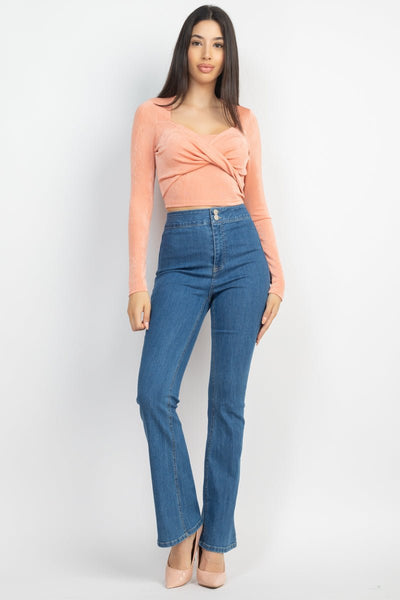 Our Best Twisted Velvety 94% Polyester 5% Spandex Long Sleeve Square Neckline Crop Top (Tangerine)