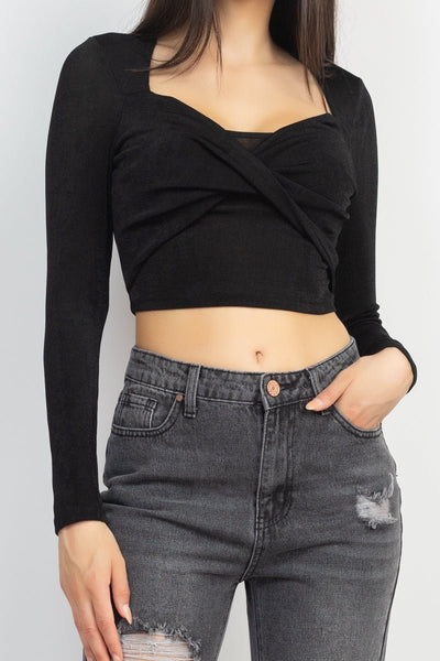 Our Best Twisted Velvety 94% Polyester 5% Spandex Long Sleeve Square Neckline Crop Top (Black)