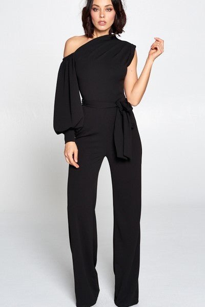 Selena Sexie 97% Polyester 3% Spandex Cold Shoulder Long Sleeve Pocket Detail Waist Tie Jumpsuit (Black)